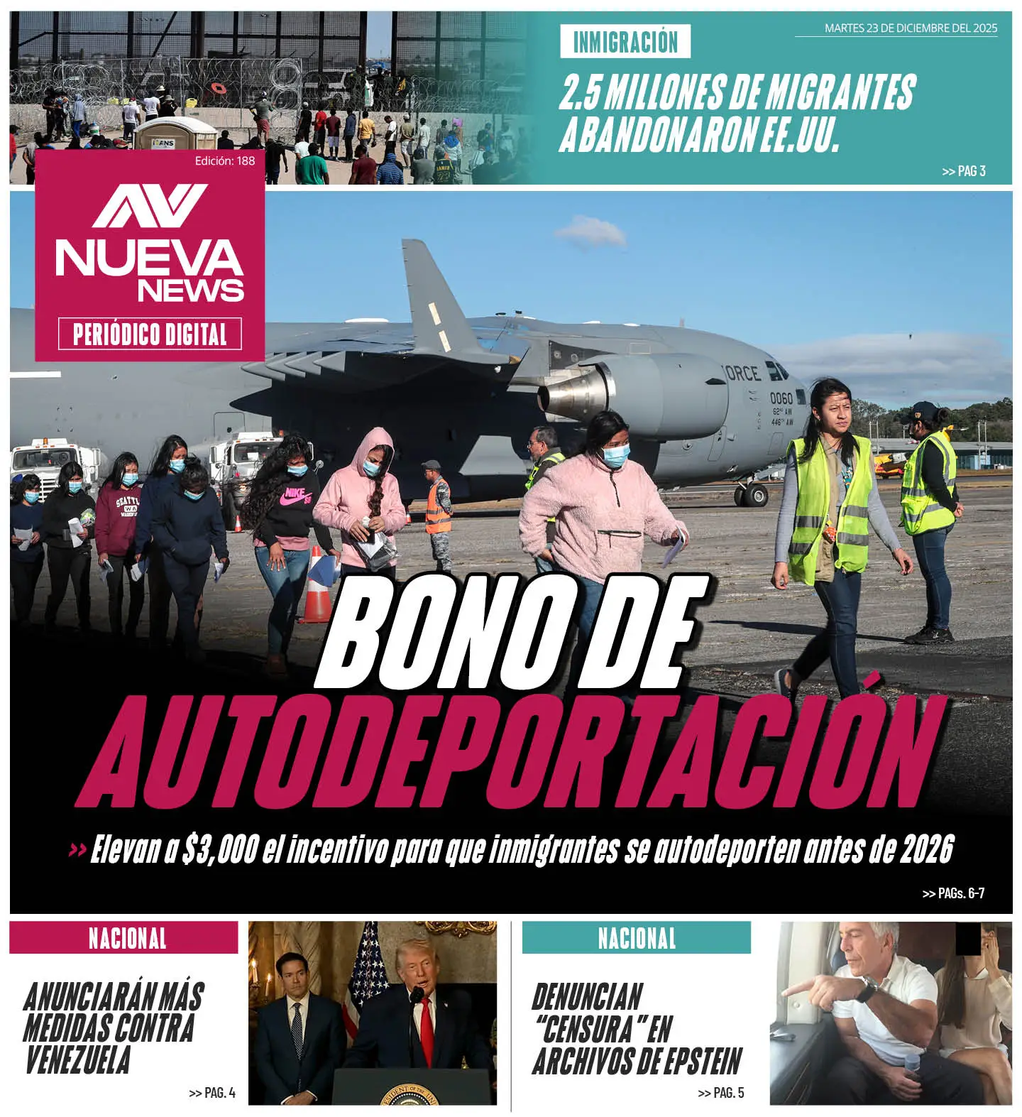 EN PORTADA: BONO DE AUTODEPORTACIÓN Elevan a $3,000 el incentivo para que inmigrantes se autodeporten antes de 2026